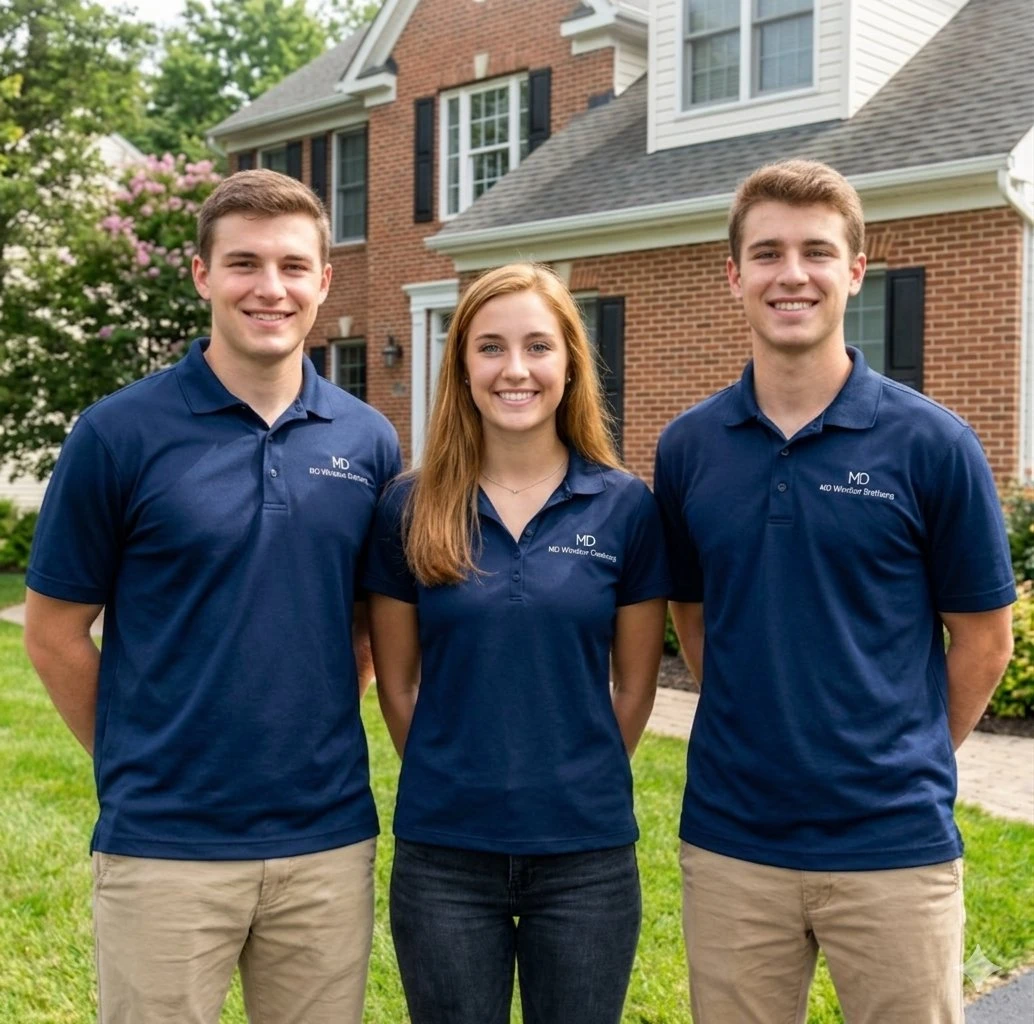 A professional but friendly group photo of three college-aged students (two young men and one young woman, ages 19-21) standing together outdoors in front of a nice suburban Maryland home. They are all wearing matching professional navy blue polo shirts with a small, clean logo on the left chest that says "MD Window Brothers" in white. They are smiling confidently, looking like a hardworking and trustworthy local service team.